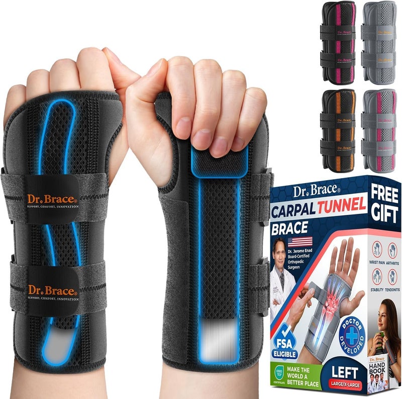 DR. BRACE Adjustable Wrist Brace Night Support for Carpal Tunnel, Doctor Developed, Upgraded with Double Splint & Therapeutic Cushion,Hand Brace for Pain Relief,Injuries,Sprains (S/M Left Hand, Black) - Image 1